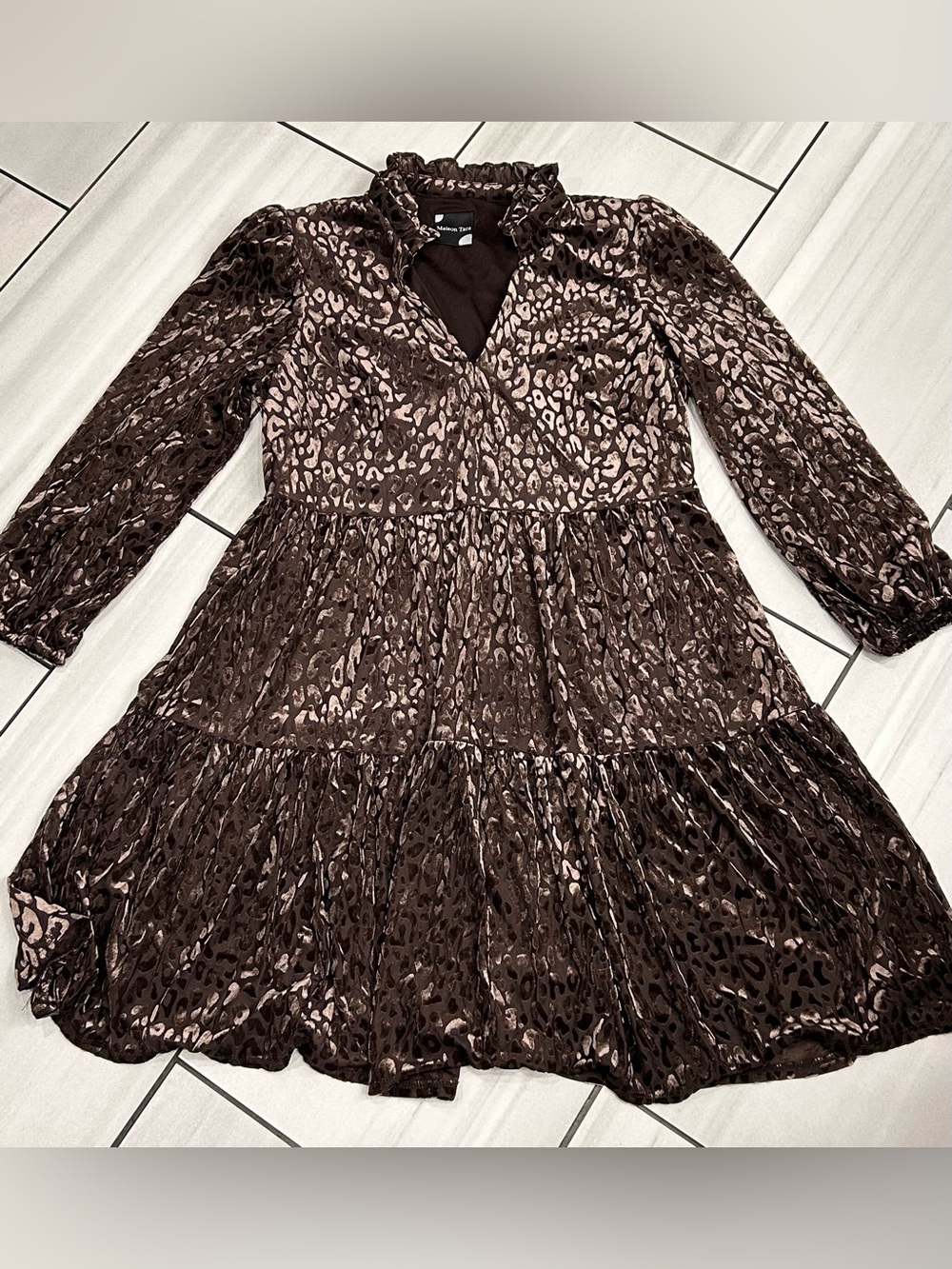 Maison Tara Brown Leopard Velvet V-Neck Long Sleeve Mini Ruffle Dress 10
